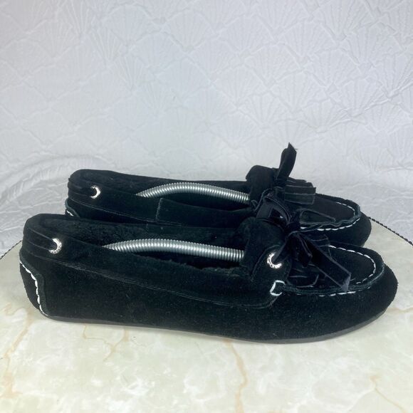 Sperry Top Sider Fur Lined Loafer 8 Black Leather Cozy Lounge Lagenlook Moccasin - Picture 2 of 12